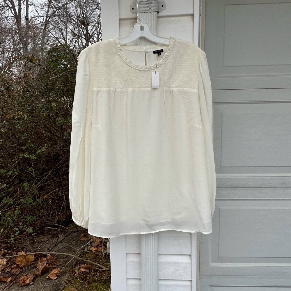 NWT Talbots Pretty Cream Smocked Front Ruffle Neck Blouse